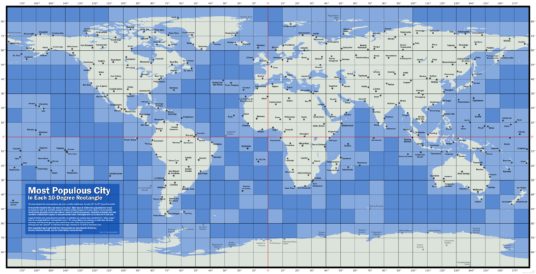 the largest city in each 10-by-10 degree area of latitude-longitude