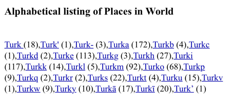 Place Names starting with TURK on countries from A to Z / Dünya ülkelerinde TURK ile başlayan 752 yeradı var.
